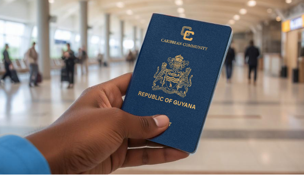 Hand holding a Guyanese passport with a blurry airport background.
