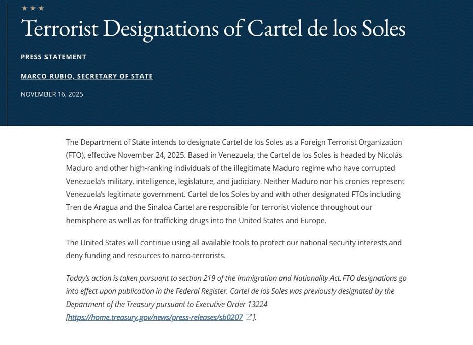 Press statement announcing the designation of Cartel de los Soles as a foreign terrorist organization.