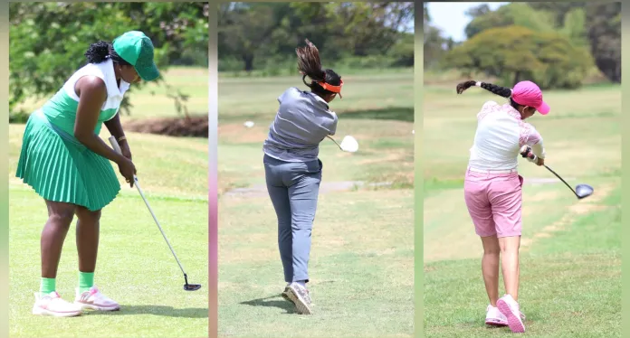 Three golfers in active swings on a golf course; each wears different colored outfits.