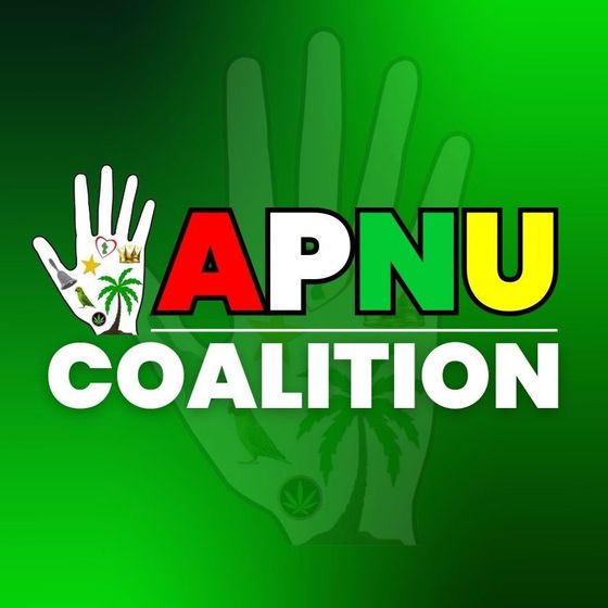 APNU Coalition logo: hand with small images, overlaid on a green background. The text