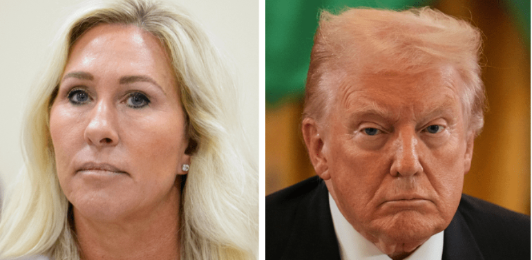 Side-by-side portraits of Marjorie Taylor Greene and Donald Trump, both looking stern.
