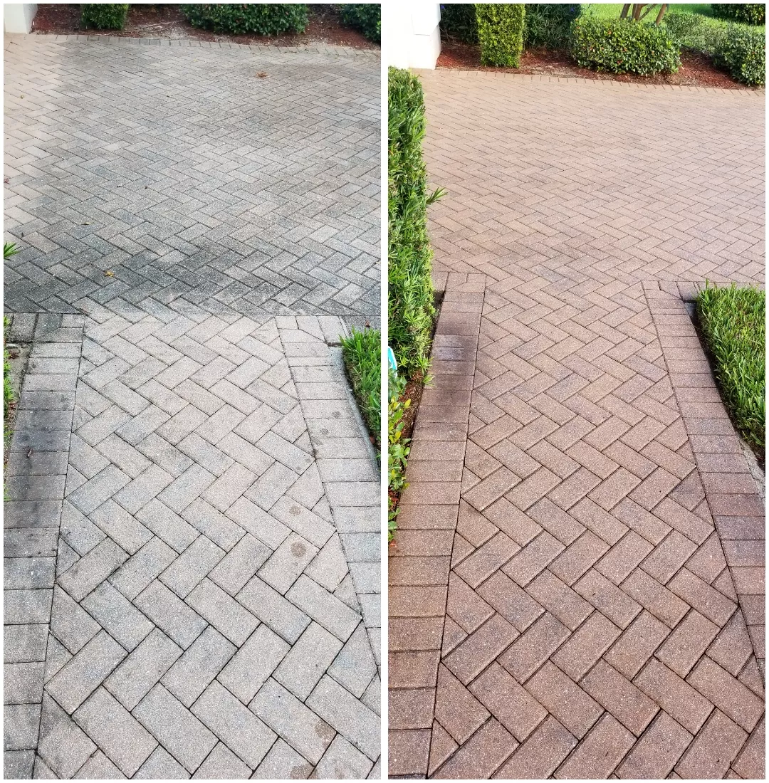 A before and after photo of a brick walkway