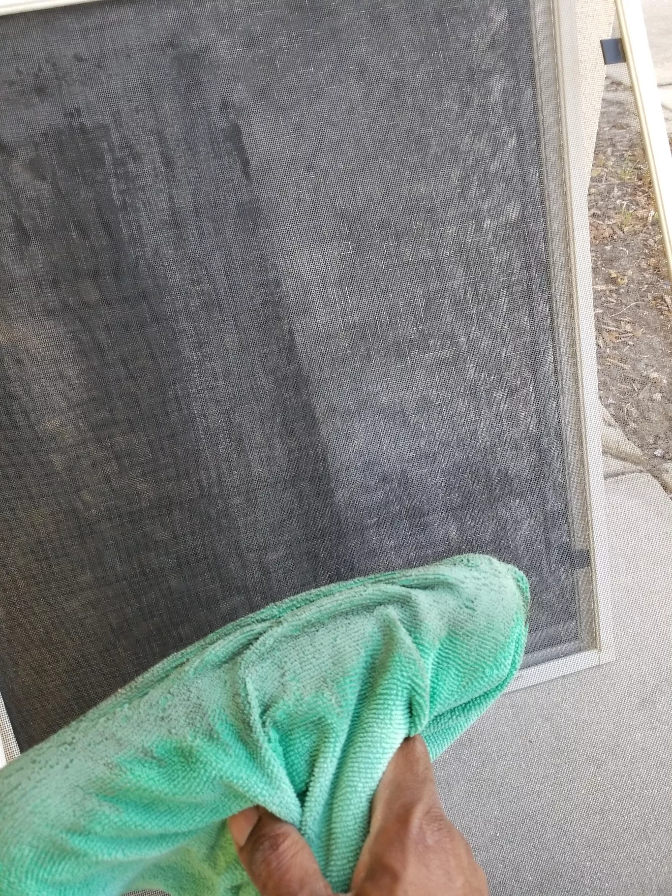 A person is cleaning a carpet with a green towel.