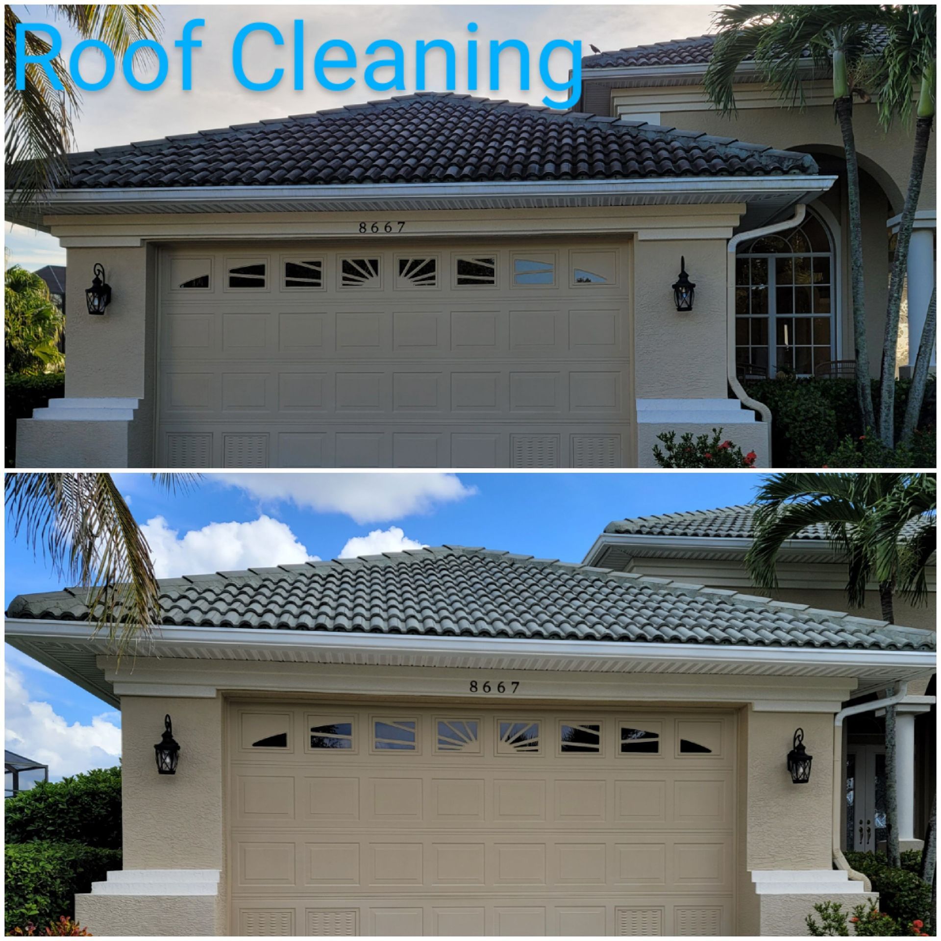 A before and after picture of a house roof cleaning