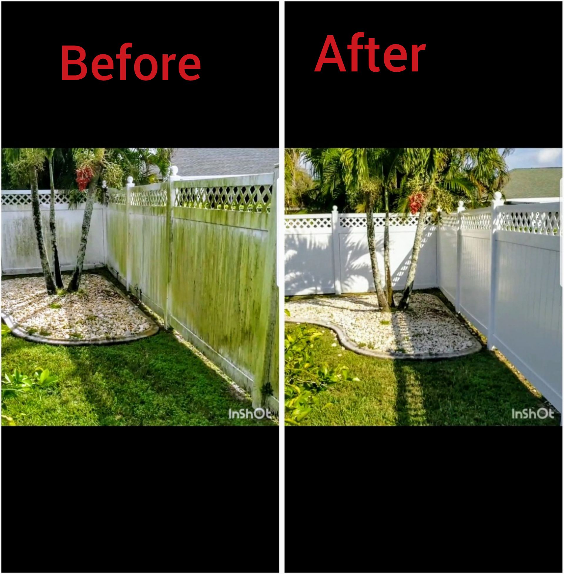 A before and after picture of a white fence covered in moss.