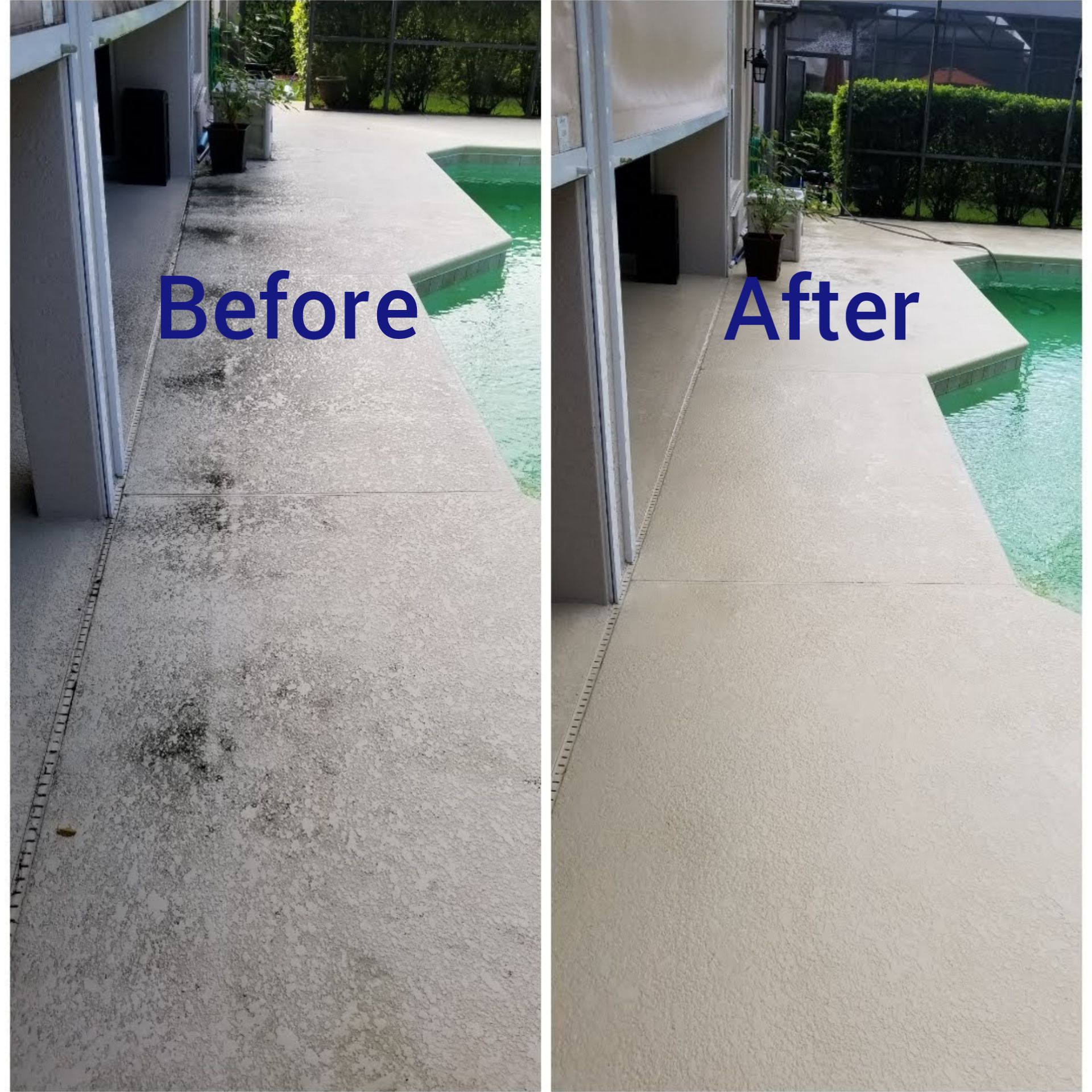A before and after photo of a patio next to a pool