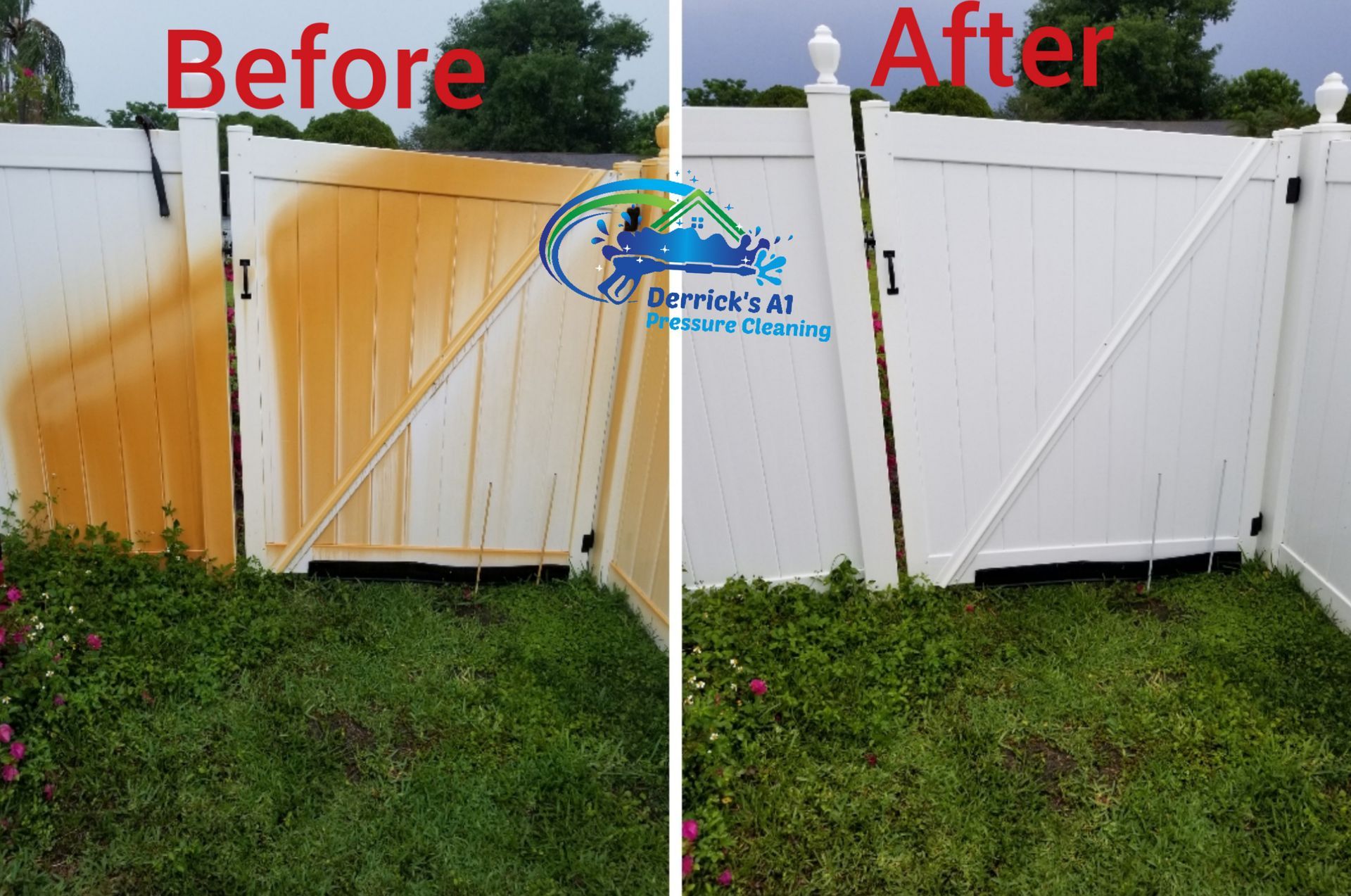 A before and after photo of a white fence