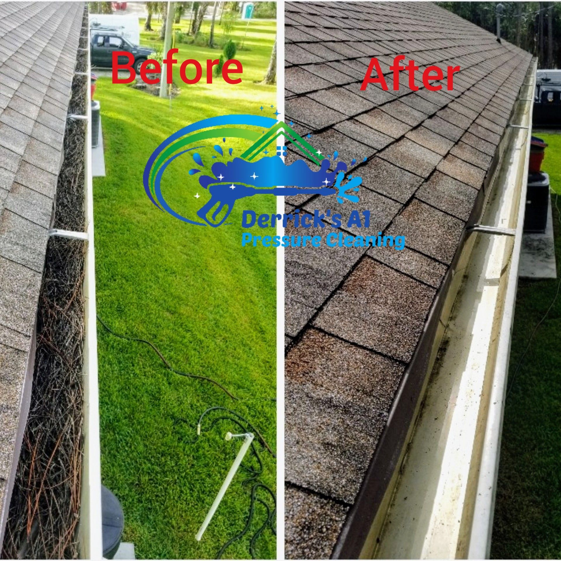 A before and after picture of a gutter cleaning