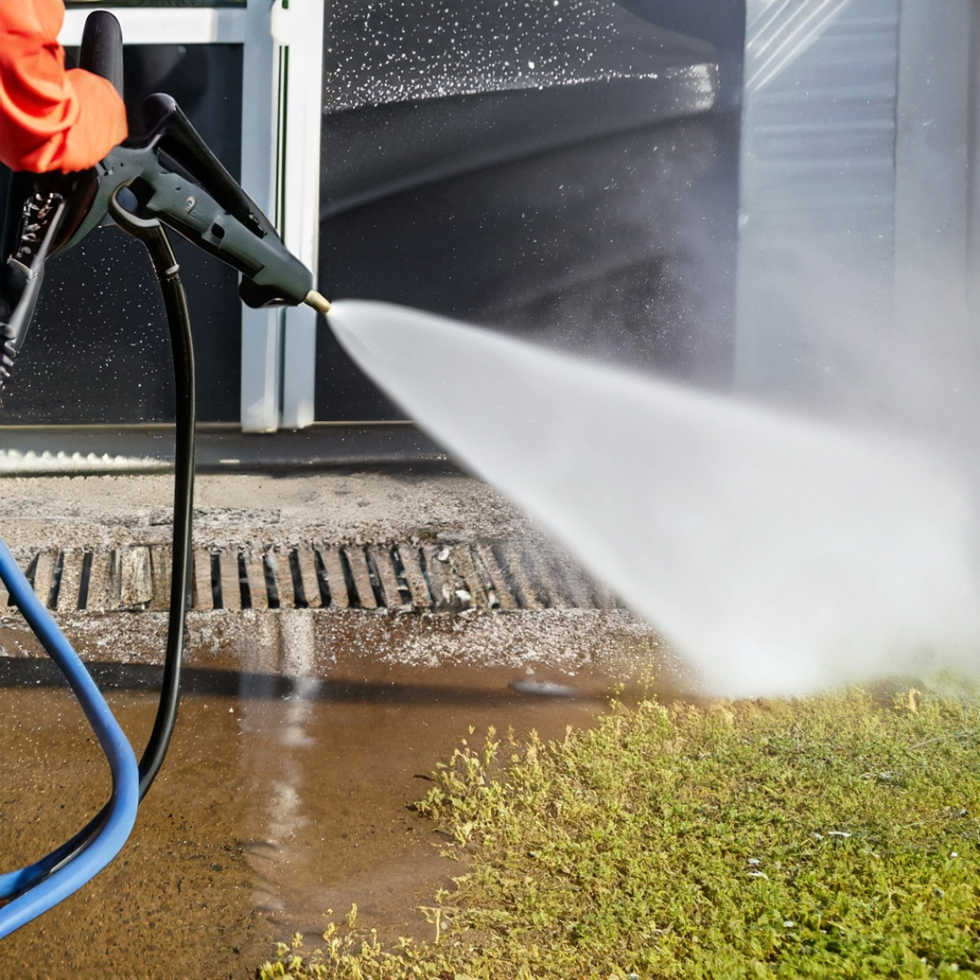 a worker pushing the dirt using the pressure washer machine
