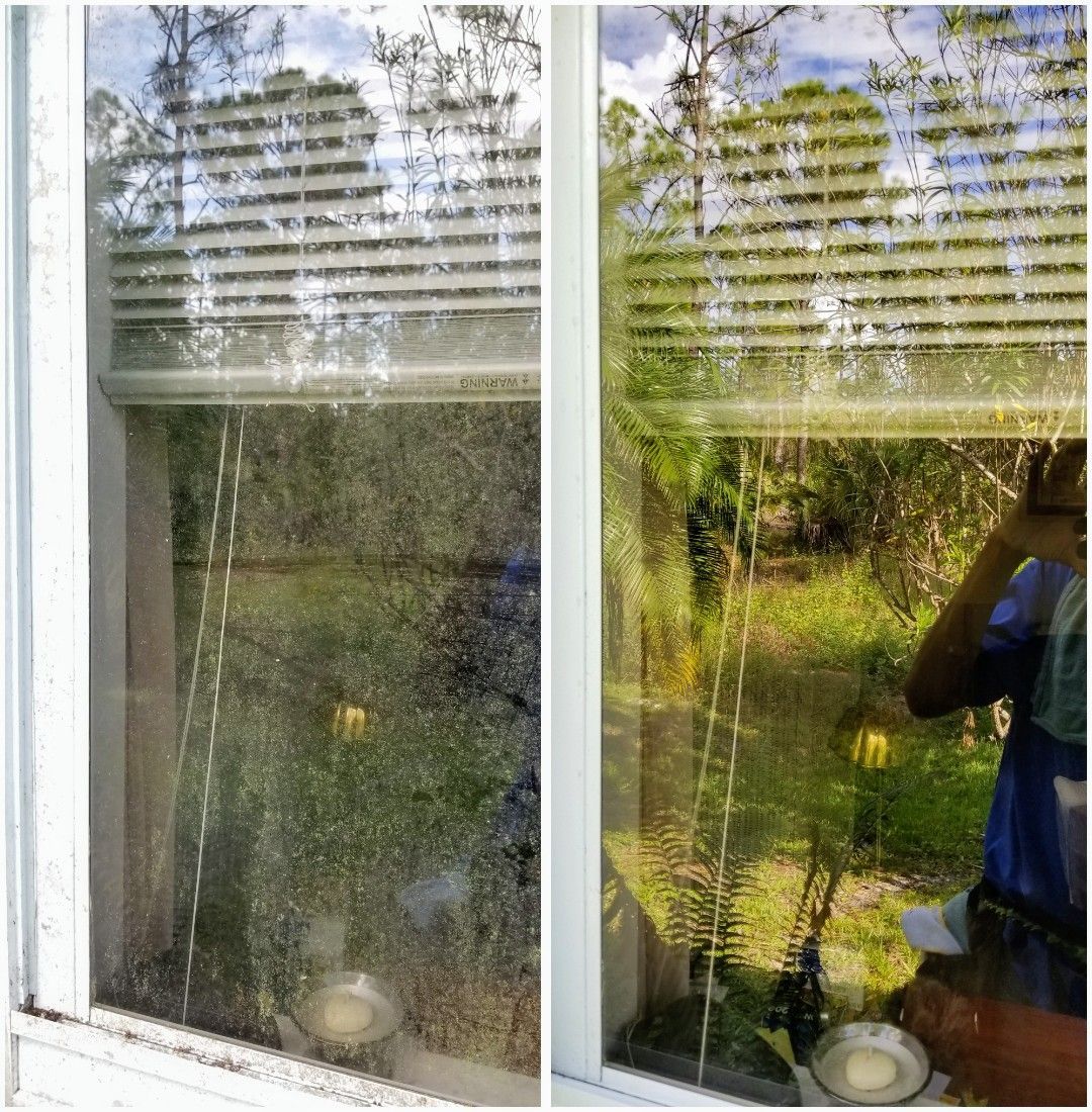 A before and after picture of a window with blinds.