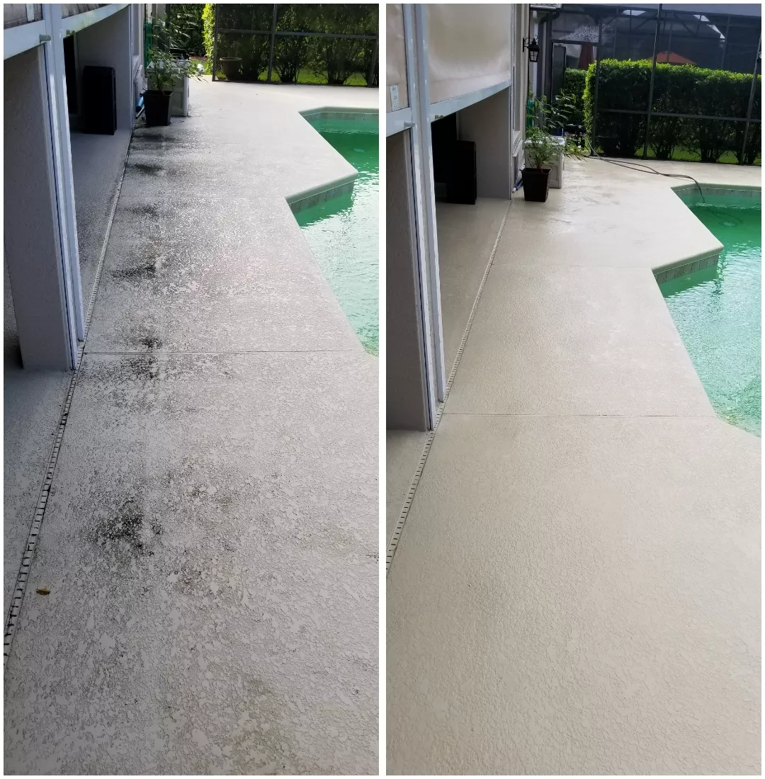 A before and after photo of a patio next to a pool