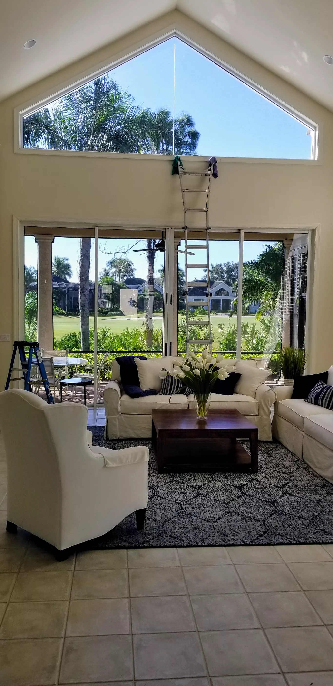 A living room with a ladder hanging from the ceiling