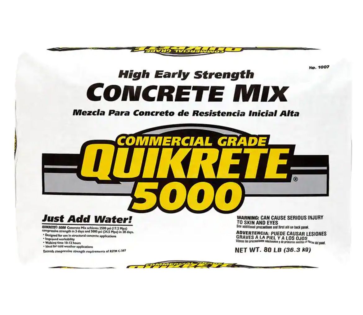 A bag of quikrete 5000 high early strength concrete mix