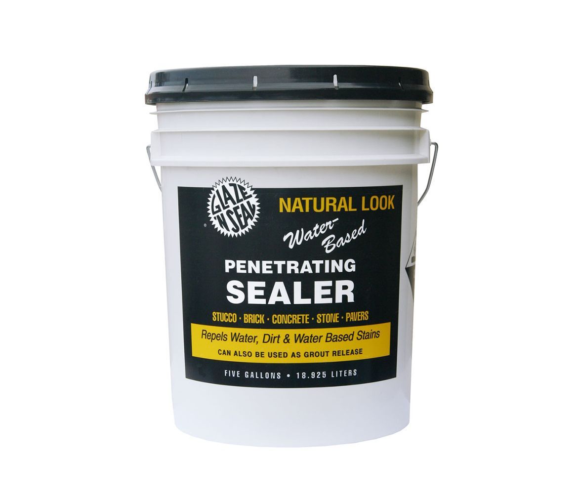A 5 gallon bucket of penetrating sealer with a black lid