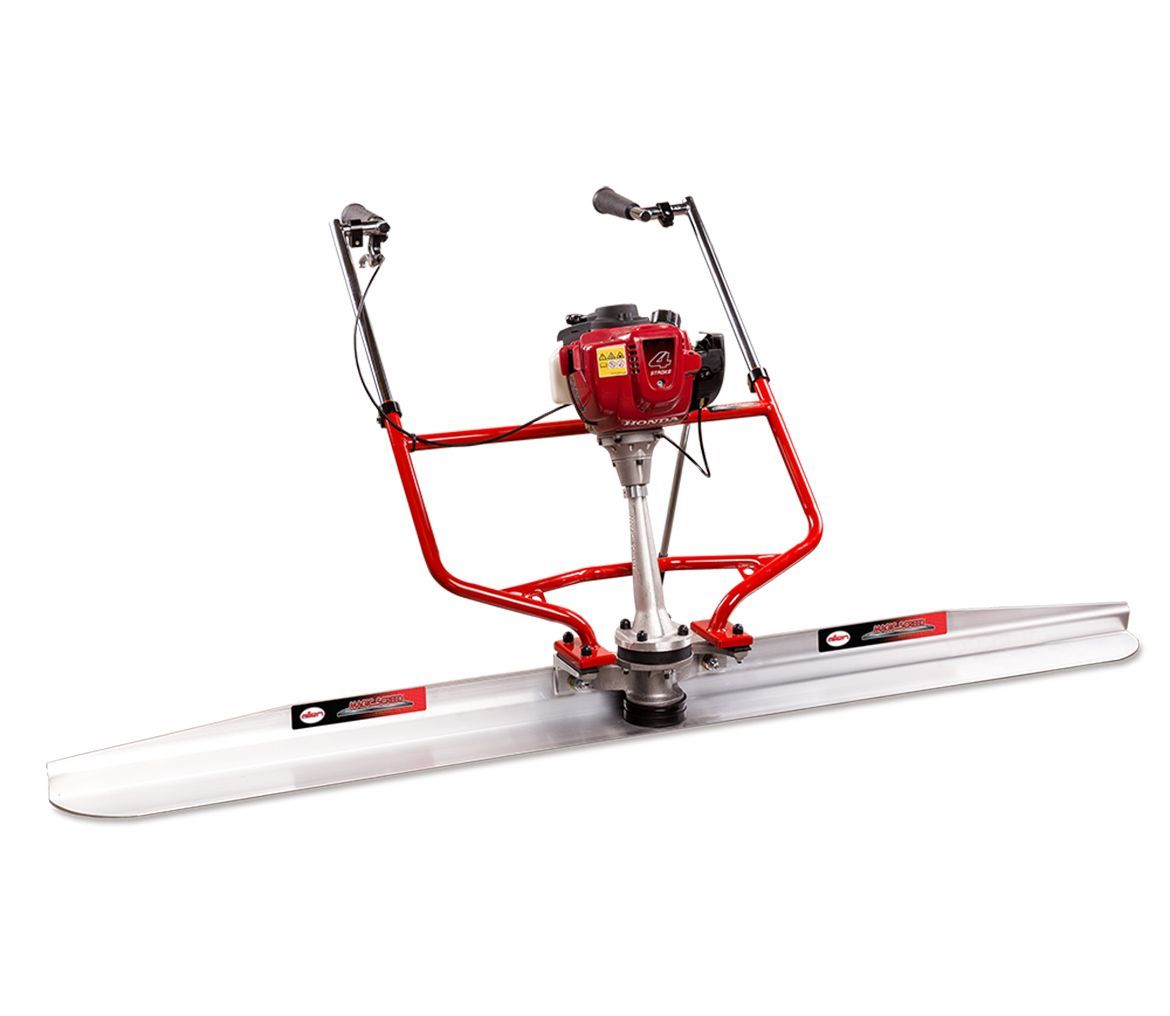 A red and silver concrete screed with a motor attached to it on a white background.