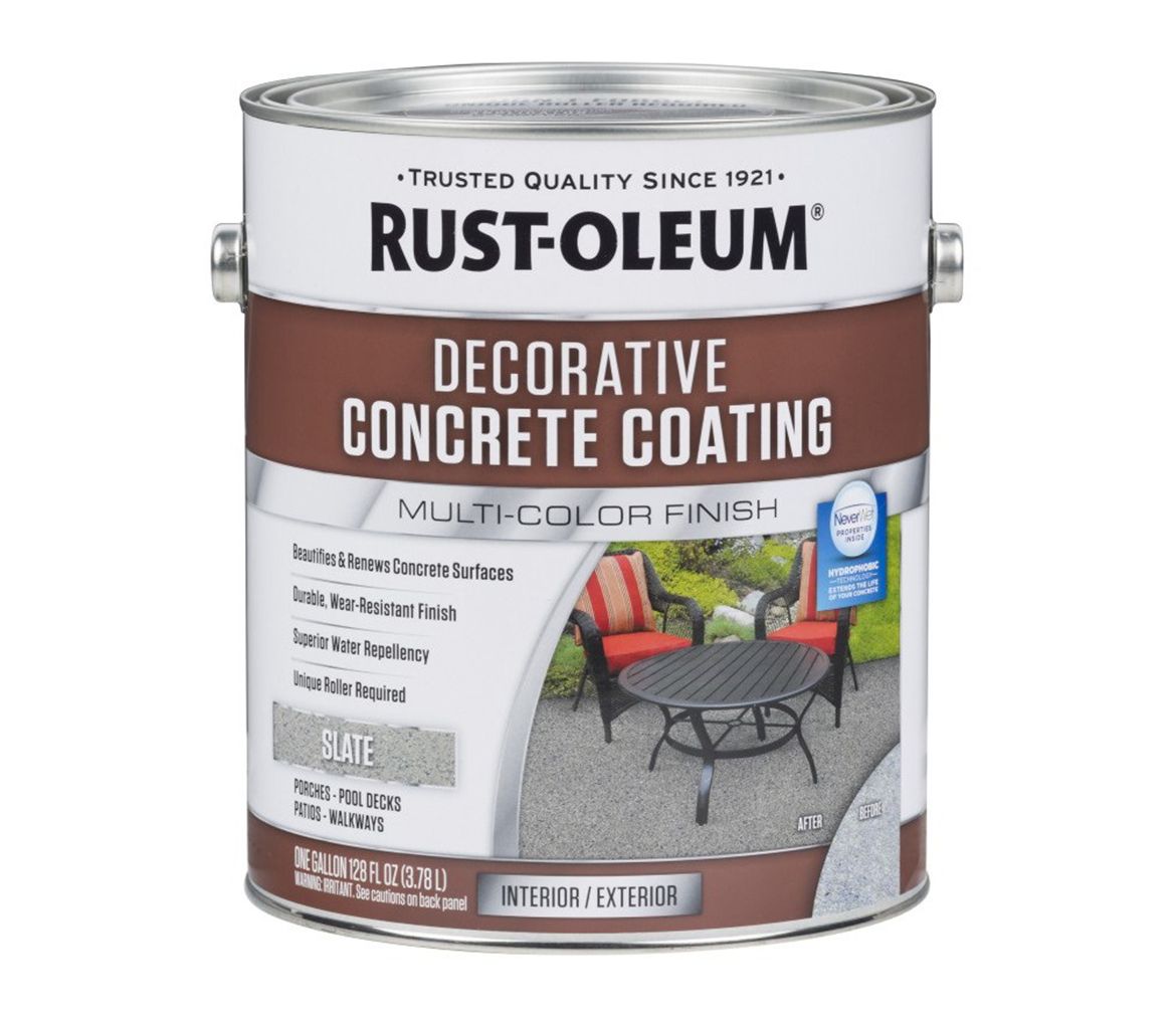 A can of rust-oleum decorative concrete coating