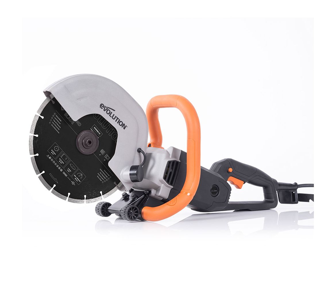 A circular saw with an orange handle on a white background.