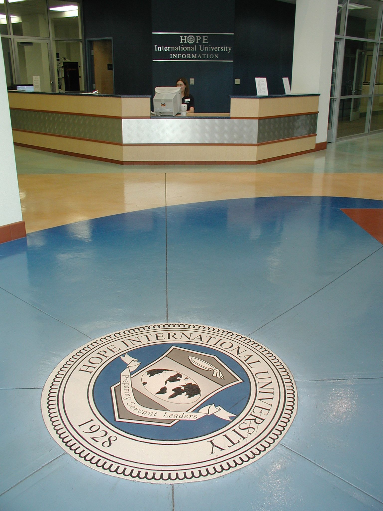 Waypoint Concrete installed a blue and cream decorative concrete floor with medallion in Nampa, Idaho.