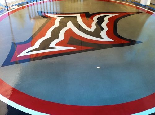 Waypoint Concrete crafted a colorful decorative concrete floor with bold shapes in Hailey, Idaho.