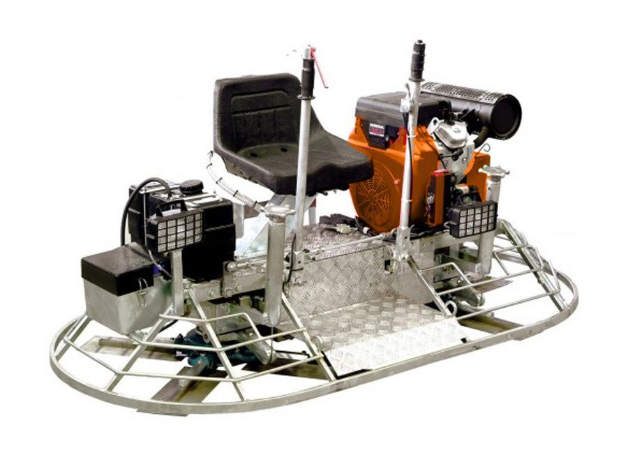 A concrete trowel with a seat and a motor on a white background.