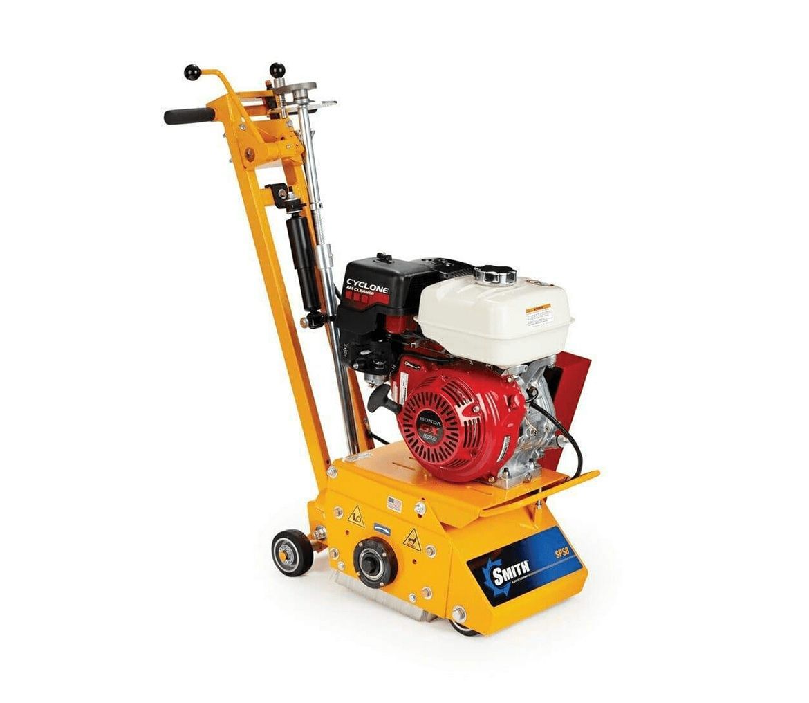 A yellow concrete saw with a red engine on a white background.