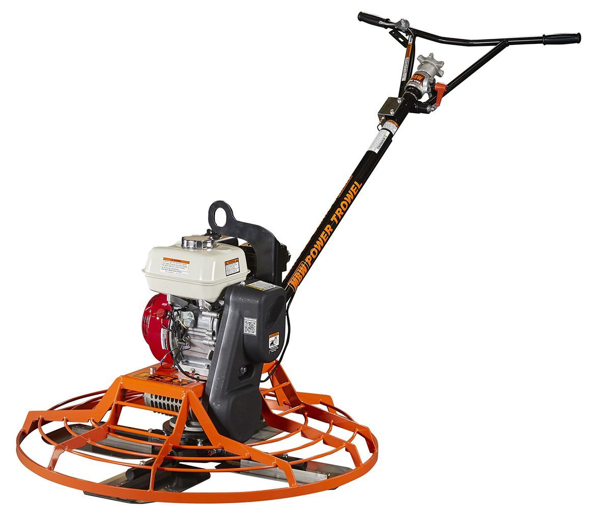A concrete trowel with a honda engine on a white background.
