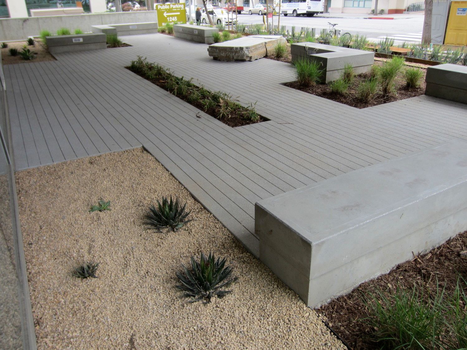 Waypoint Concrete installed modern concrete seating blocks and tiered hardscape planters in Middleton, Idaho.