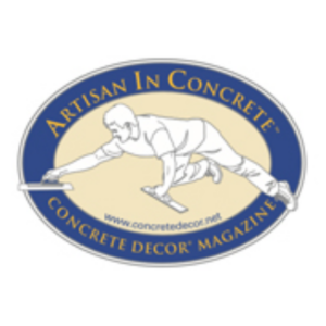 A logo for artisan in concrete concrete decor magazine