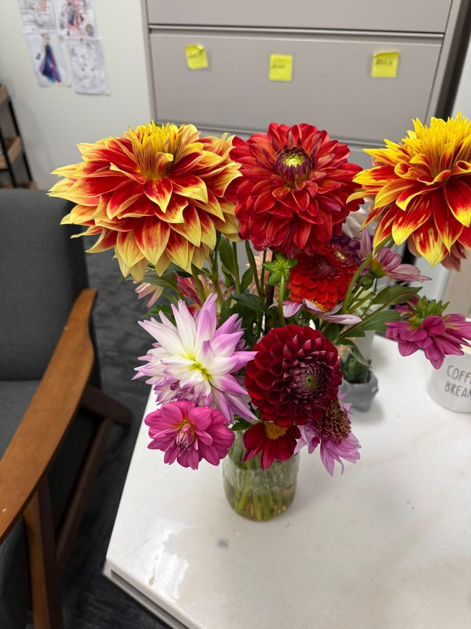 Bouquet of colorful dahlias in a glass vase on a white desk; red, yellow, pink flowers.
