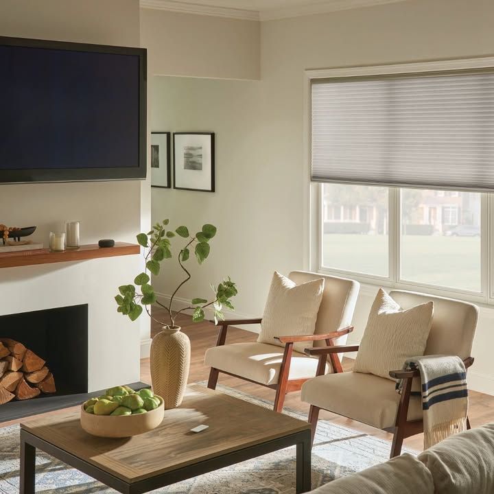 Living room with furniture, a fireplace, and a window with a closed blind.