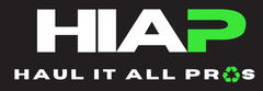 Logo for Haul It All Pros, with white text "HIAP" and green "P". Recycling symbol. Black background.