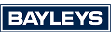 A blue and white bayleys logo on a white background