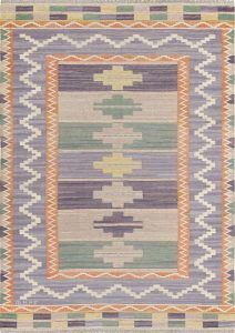 A colorful rug with a geometric pattern and a border on a white background.