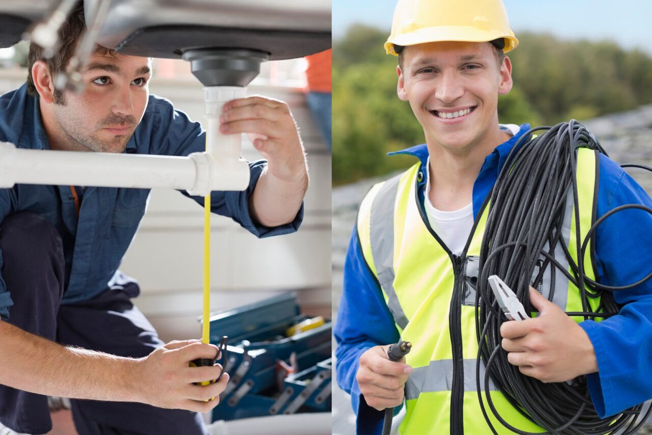 A plumber is measuring a pipe and a construction worker is holding a wire.