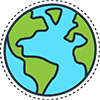 A cartoon drawing of a globe with a blue ocean and green continents.