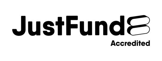 a black and white logo for justfund accredited .