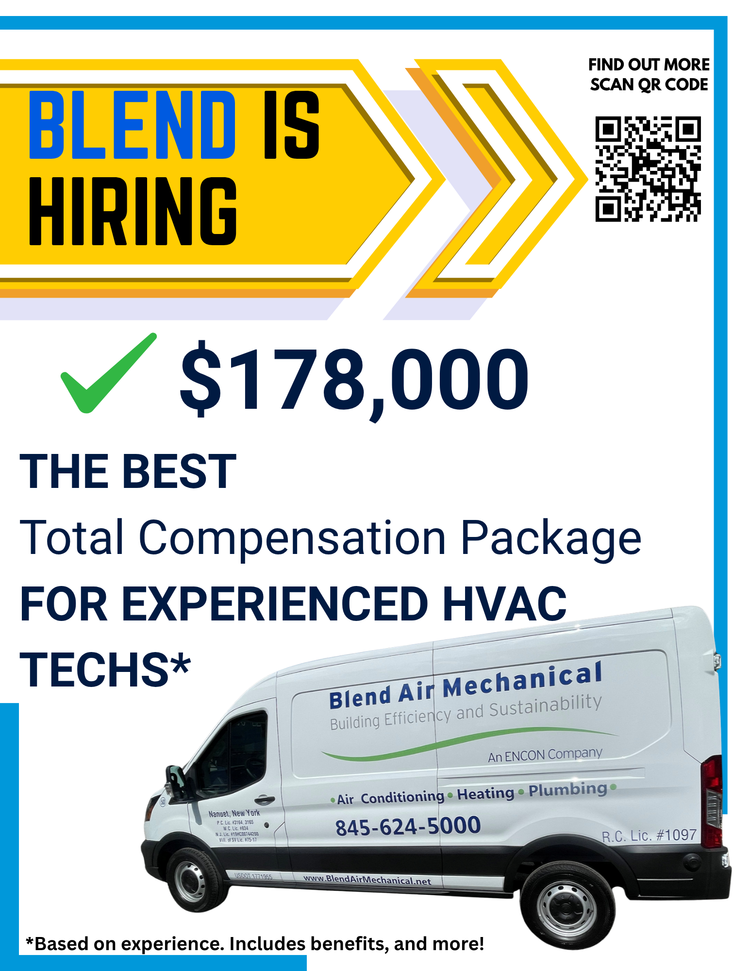 Advertisement for Blend Air Mechanical hiring HVAC techs, $178,000 total compensation. White van, QR code, yellow arrow.