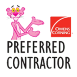 Pink Panther gesturing next to Owens Corning logo,