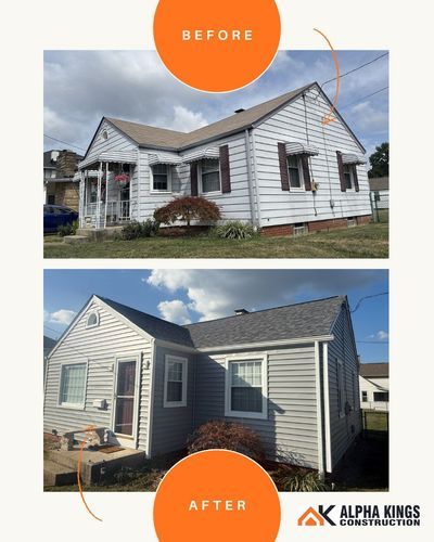 Before and after exterior house renovation: white house transforms to gray siding, new roof.