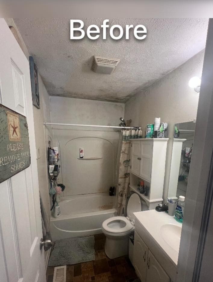 Before: Small, dated bathroom with a tub, toilet, and sink. Beige walls, dark flooring, and a dirty ceiling.