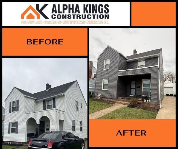 Before and after of a house re-sided. White siding replaced with gray. Orange text and logo.