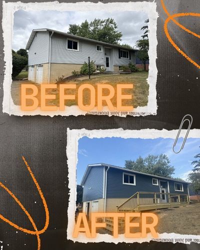 Before and after of a house. Original is light gray, the renovation is dark blue with a wooden deck.