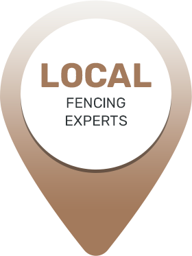 a brown pin with the words `` local fencing experts '' on it .