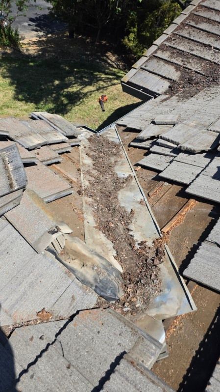 Rooftop valley filled with debris; gray roof tiles and green yard visible in background.
