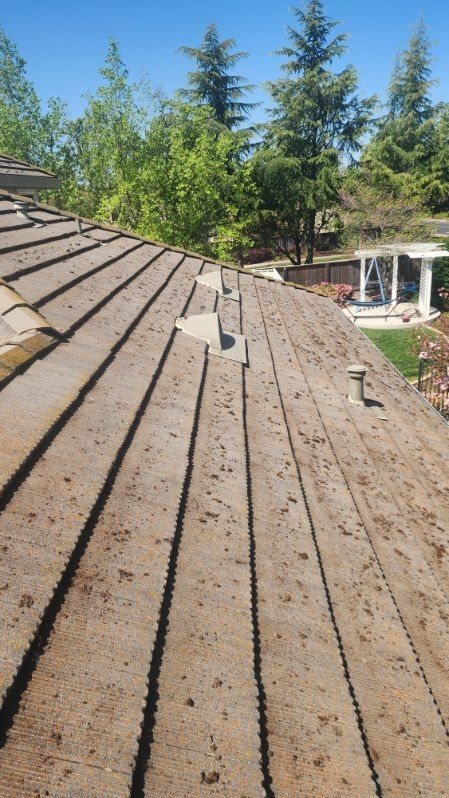 Rooftop covered in weathered, textured tiles, with three metallic fixtures and surrounding trees.