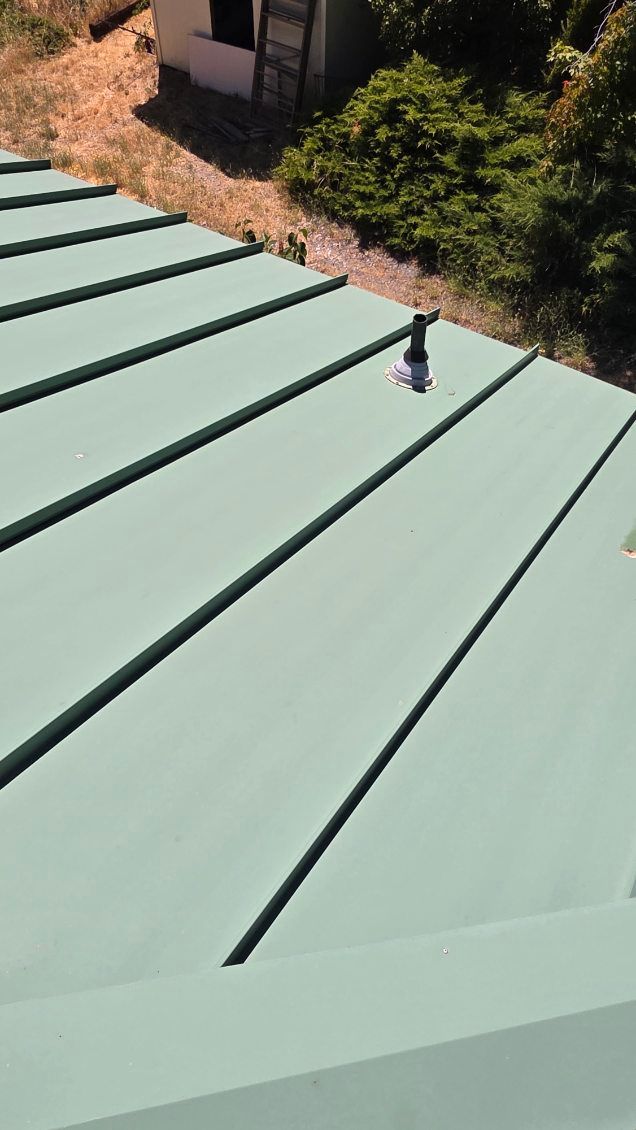 Green metal roof with a black vent and shadows.