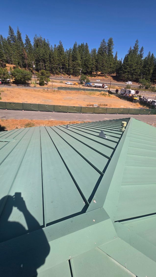 Green metal roof, sunny day, with a view of a hillside with trees and a road in the background.