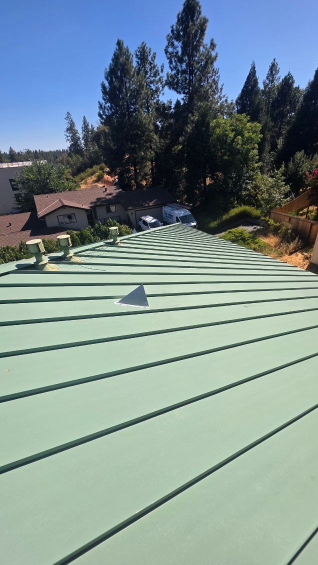 Green metal roof on a house, trees in the background, bright sunny day.