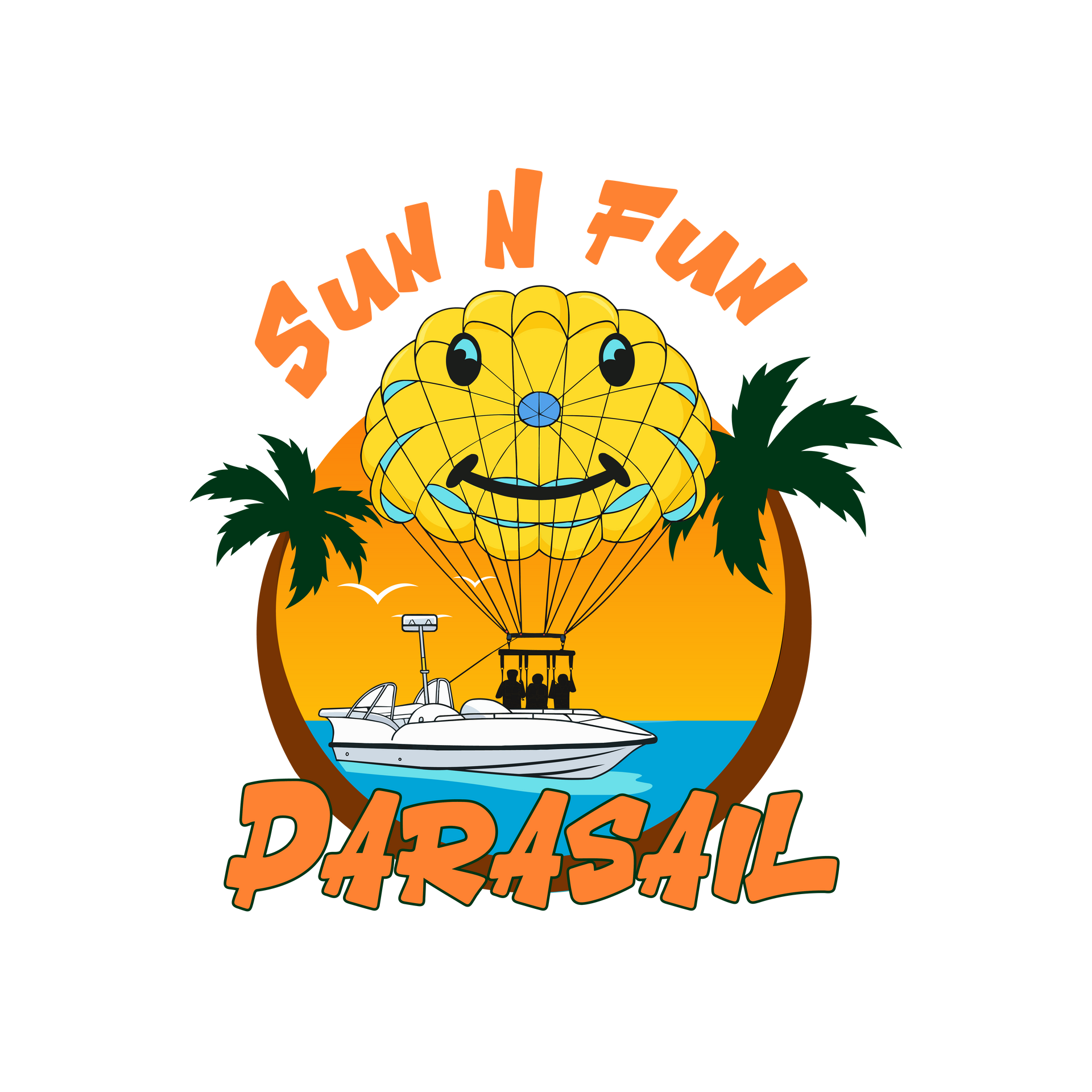 Sun N Fun Parasail logo: smiling parasailer over boat and water with palm trees; orange and yellow colors.