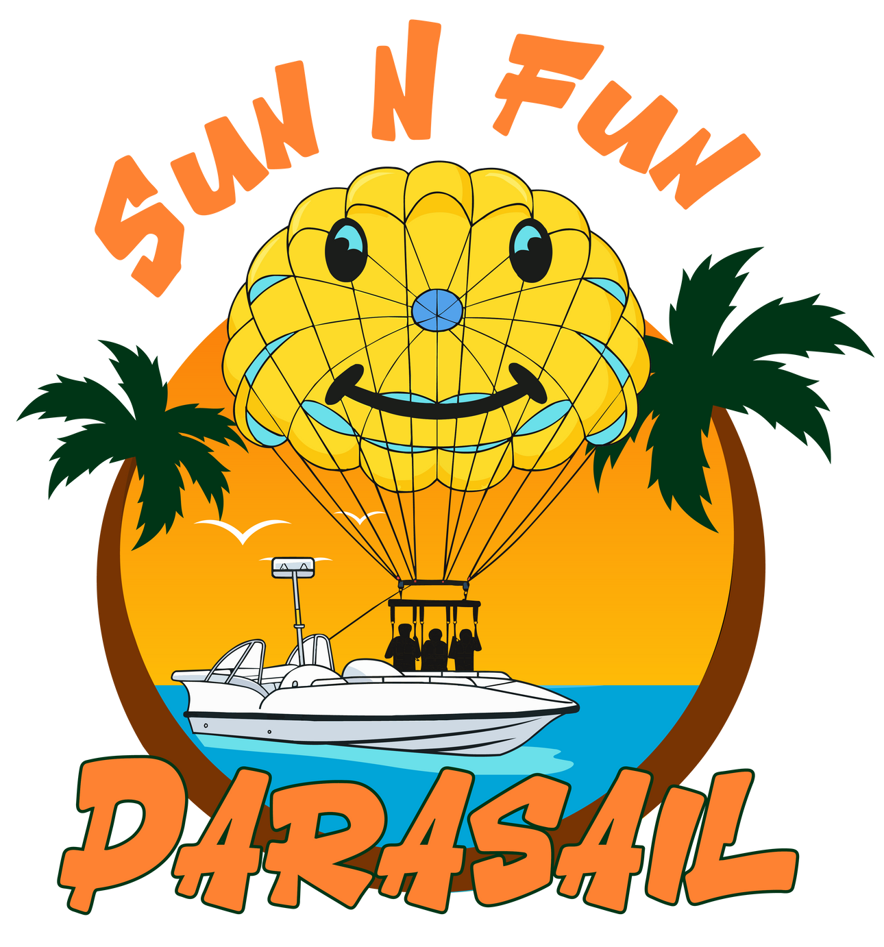 Sun N Fun Parasail logo: a yellow smiling parachute above a boat in the ocean.